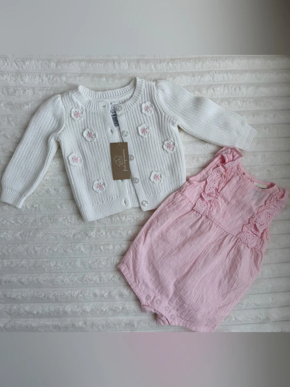 First Impressions White Crochet Cardigan & Pink Eyelet Romper